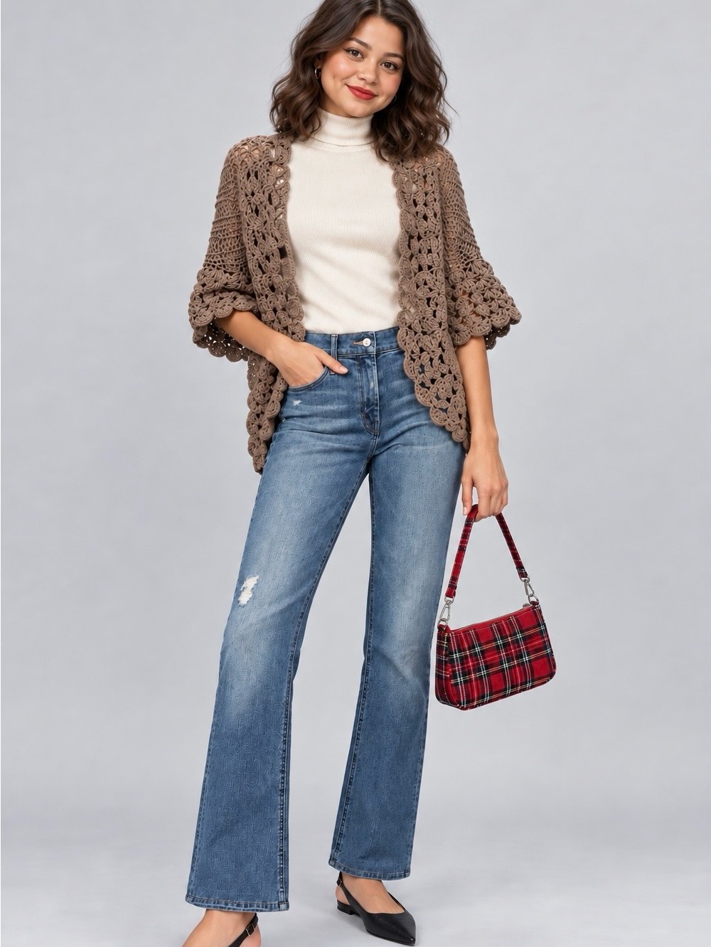 Hand Crochet Style Taupe Cardigan | 70s Boho Bell Sleeve
